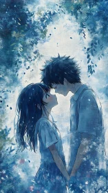 Quiet anime couple standing close in blue forest scene.