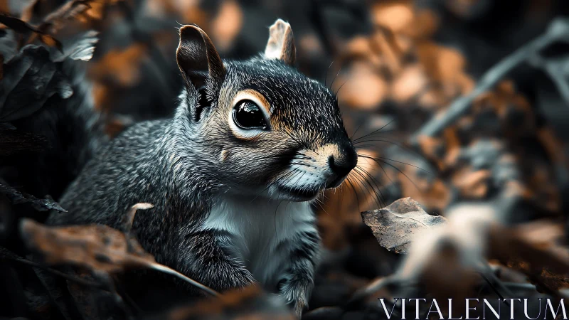 Close woodland squirrel portrait among autumn foliage.