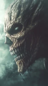 Brooding skeletal giant emerging from swirling storm clouds.