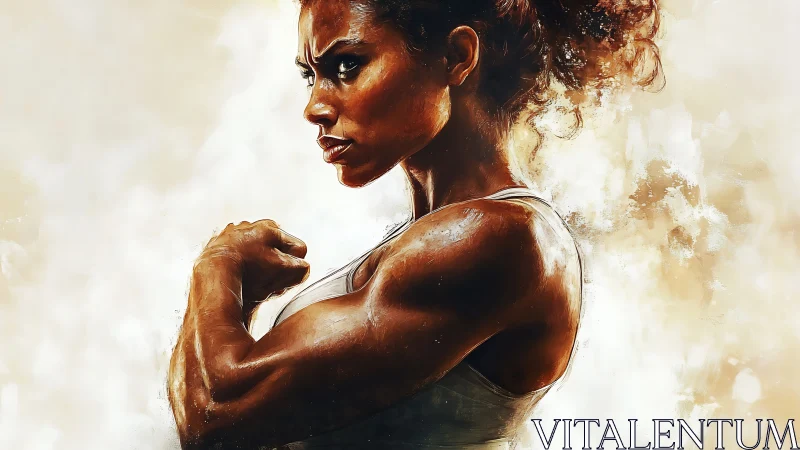 Determined athletic woman flexing arm in dynamic digital painting.