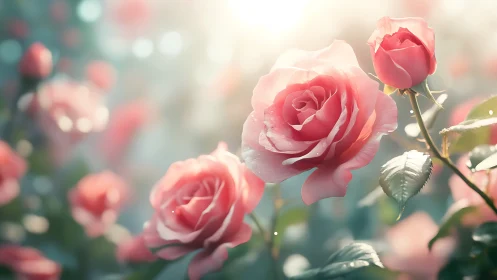 Blooming Pink Roses in Soft Golden Light.