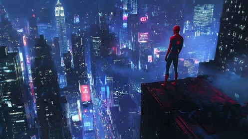 Masked hero overlooks neon-soaked futuristic skyline at night.