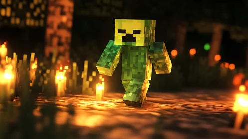Minecraft creeper stalks through torchlit forest night