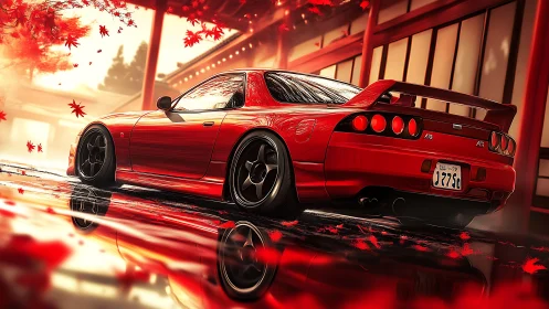 Red tuned coupe under autumn maple leaves in Japan.