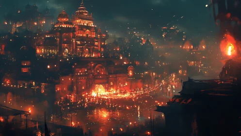 Nighttime riverside cityscape with illuminated temples.