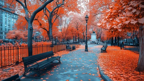 Infrared urban park promenade with high-contrast foliage palette.