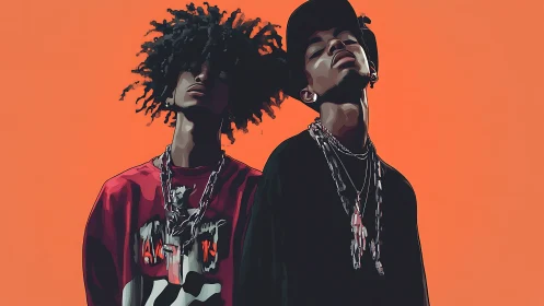 Two stylized young men in streetwear against orange background.