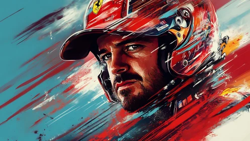 Dynamic digital painting portrait of racing driver in motion.