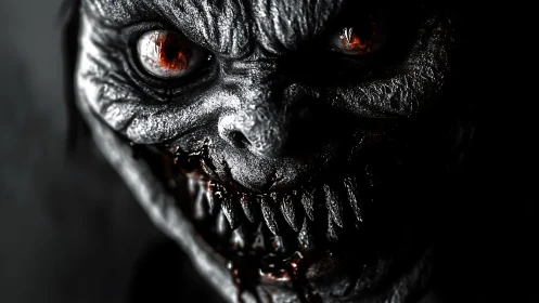 Grotesque monochrome creature face fills the dark frame