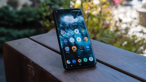 Smartphone device displayed on wooden surface in outdoor garden setting