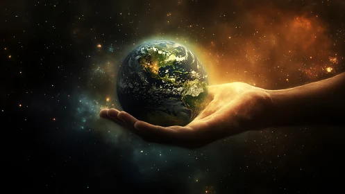 Illuminated Earth sphere cradled in human hand against nebular void