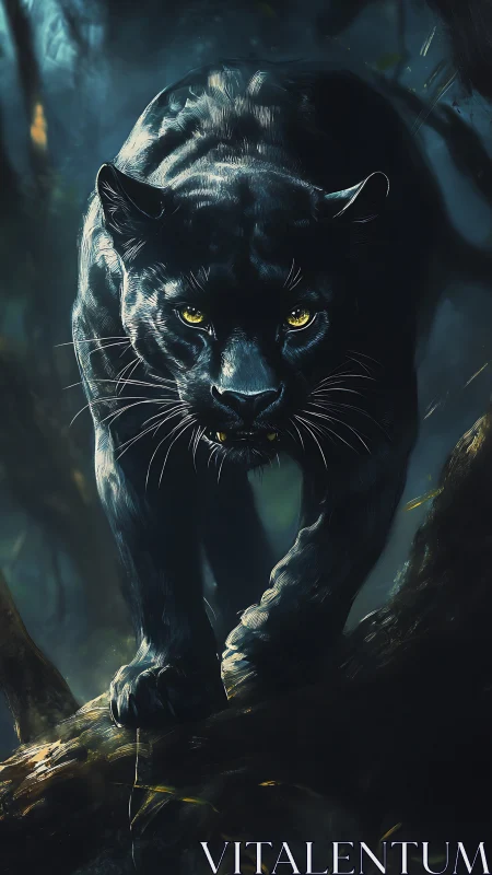 A Striking Black Panther's Glowing Gaze. Intensity and Grace.