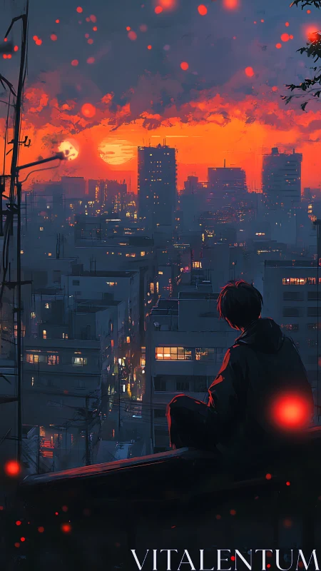 Solitary figure watches neon city under burning sunset sky