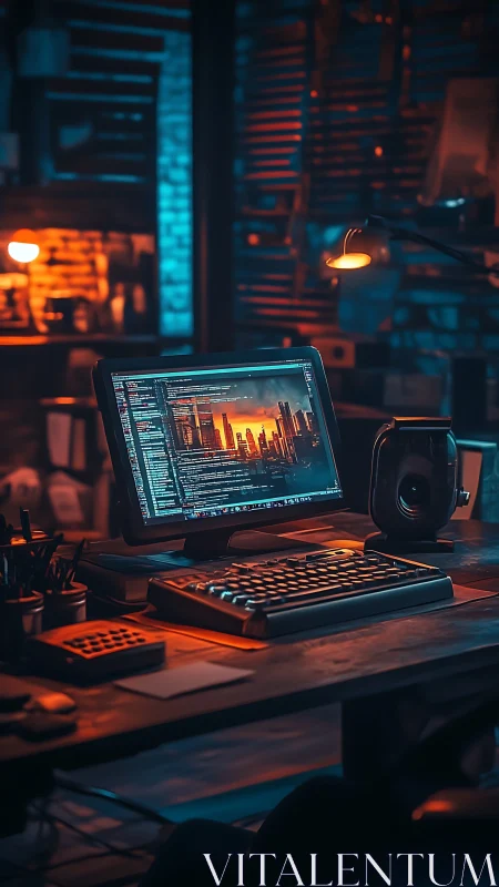 Moody coder&rsquo;s desk glows with neon-lit cityscape screen.