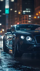 Luxury coupe in cinematic night rain with neon reflections.