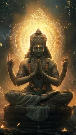 Luminous forest deity in radiant meditation haloed by gold.