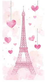 Romantic reverie cascades around Eiffel Tower amidst floating pink hearts.