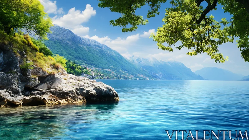 Sunny coastal lake with rocky shore and distant mountains.
