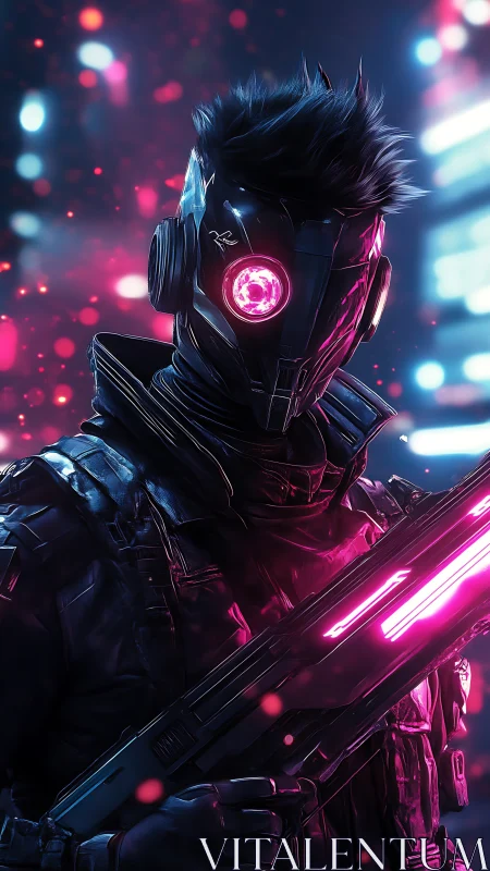 Cybernetic enforcer in neon-lit armor with luminous rifle.