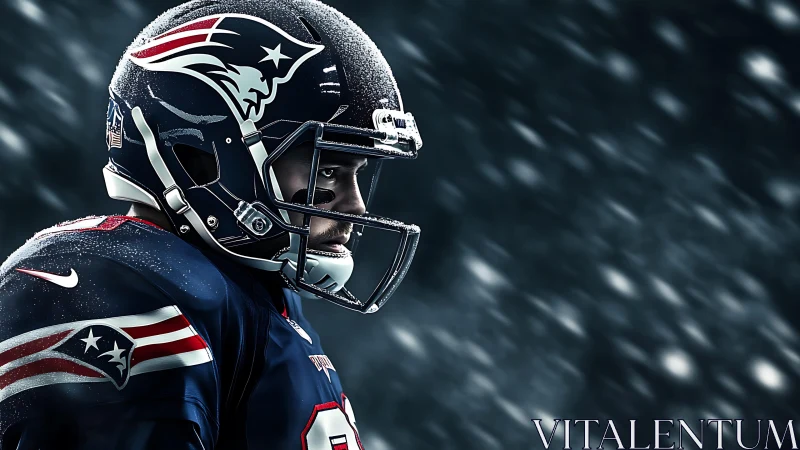 American football player stands focused in snowy stadium tunnel