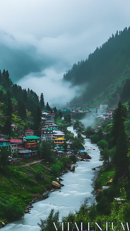 Mist-laced river valley with colorful hillside village homes.