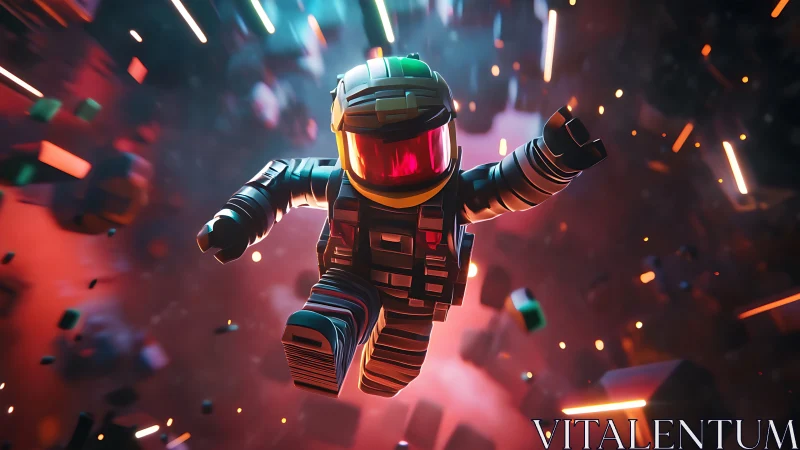 Vibrant voxel astronaut hurtling through neon asteroid storm.