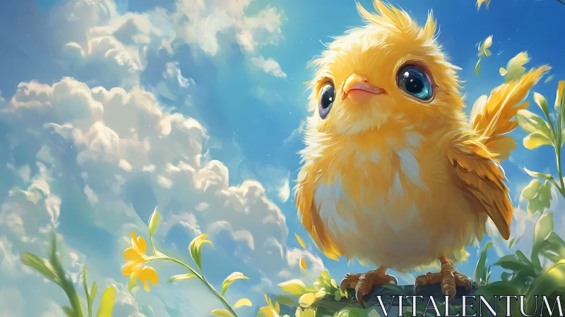 Adorable Yellow Chick in Lush Animated Spring Landscape.