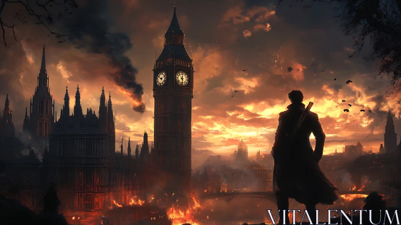 Lone wanderer gazes over fiery London sky at dusk.