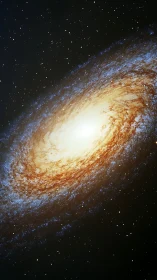 Inclined spiral galaxy with bright core and dense starfield.