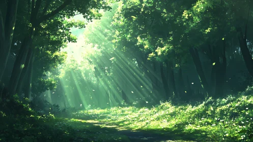 Sunlit Forest Path with Towering Trees.
