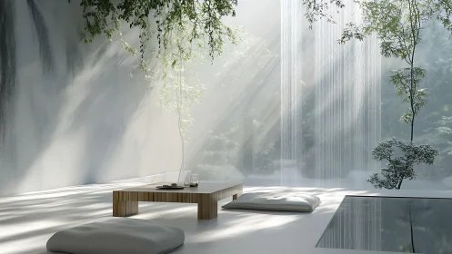 Minimalist Zen terrace opens onto cascading forest waterfall