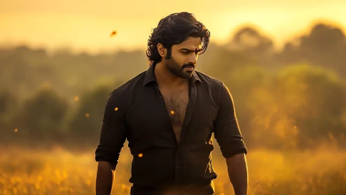 Brooding man walks through sunlit golden meadow at dusk.