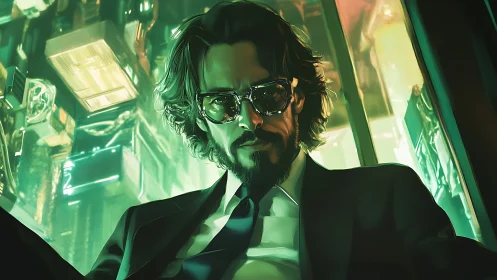 Man in suit and sunglasses in green lit urban interior.