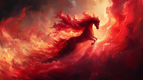 Fireborn stallion surfing molten waves of dawnlight.