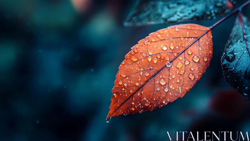 Orange leaf holds crystal raindrops over deep teal bokeh.