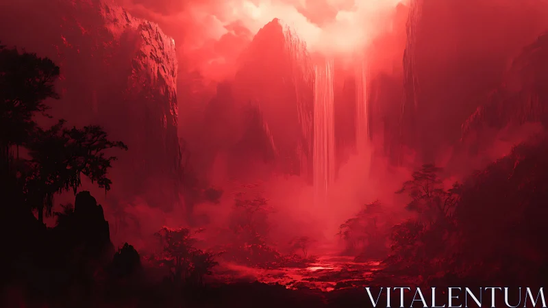 Bloodred falls unravel a dreamlike valley of burning mist