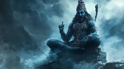 Serene blue deity in misty mountainside meditation.
