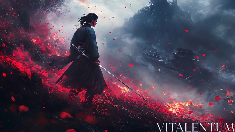 Lone samurai surveys burning battlefield under storm clouds