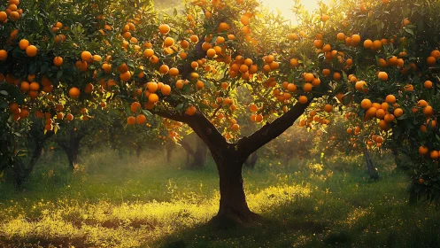Sunlit orange grove glows with ripe fruit and warm haze