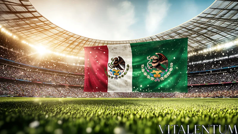 Mexico stadium flag display under bright matchday lights.