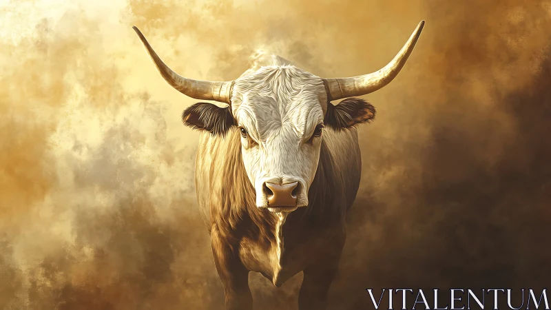 Long-horned bull in frontal view against diffuse brown haze.