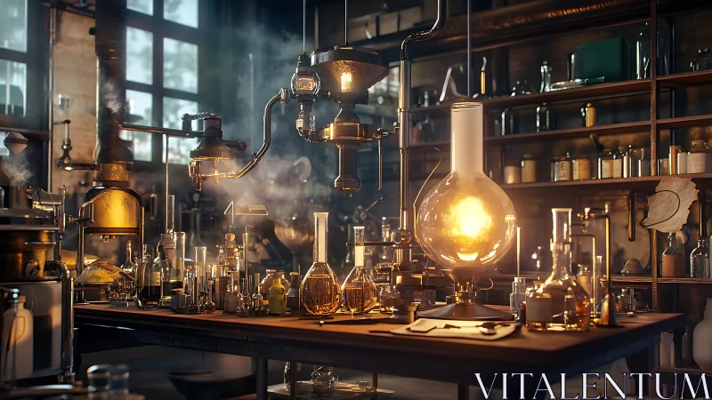 Steam-lit alchemy lab with glowing flask centerpiece.