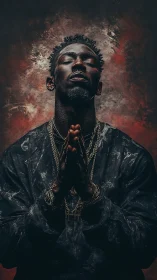 Male subject poses with clasped hands against textured backdrop