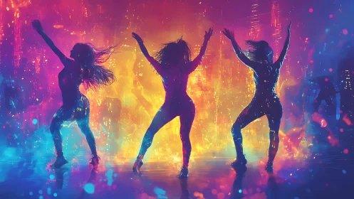 Silhouetted dancers in neon city light and color haze.