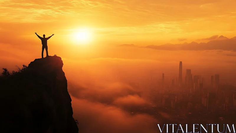 Sunrise conqueror greeting a glowing cloud-draped cityscape.