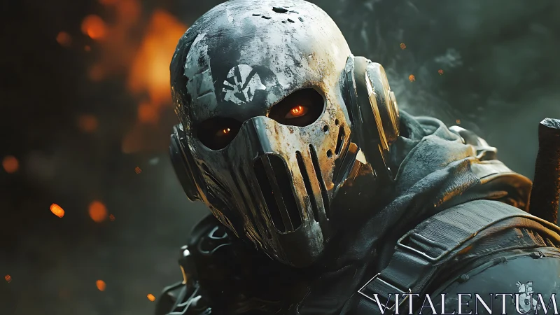 Ash-scarred war mask studies the firestorm with ember eyes