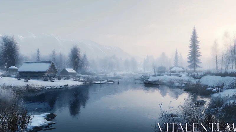 Snowy riverside cabins under soft winter morning light.