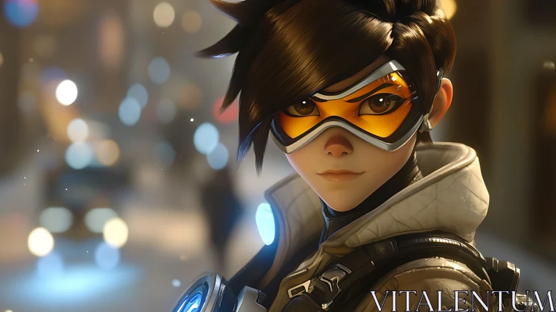 Cinematic anime portrait with bokeh-lit urban depth of field.