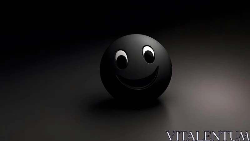 Black glossy smiley sphere sits on dark reflective surface