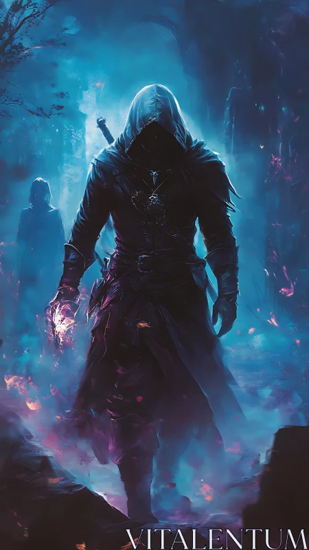 Hooded arcane assassin strides through neon misted ruins